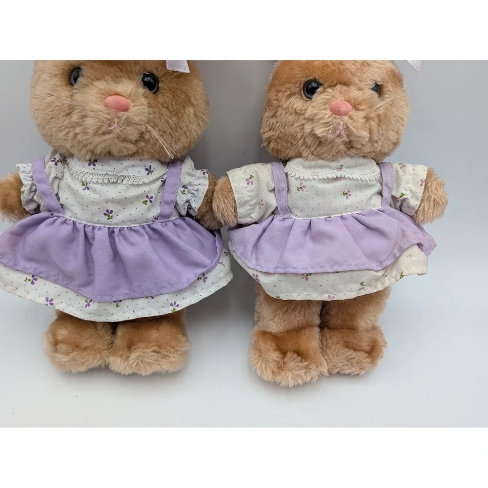 Dakin Plush Bunny Rabbit Tan Vintage 1983 Floral Dress Purple Lot of 2